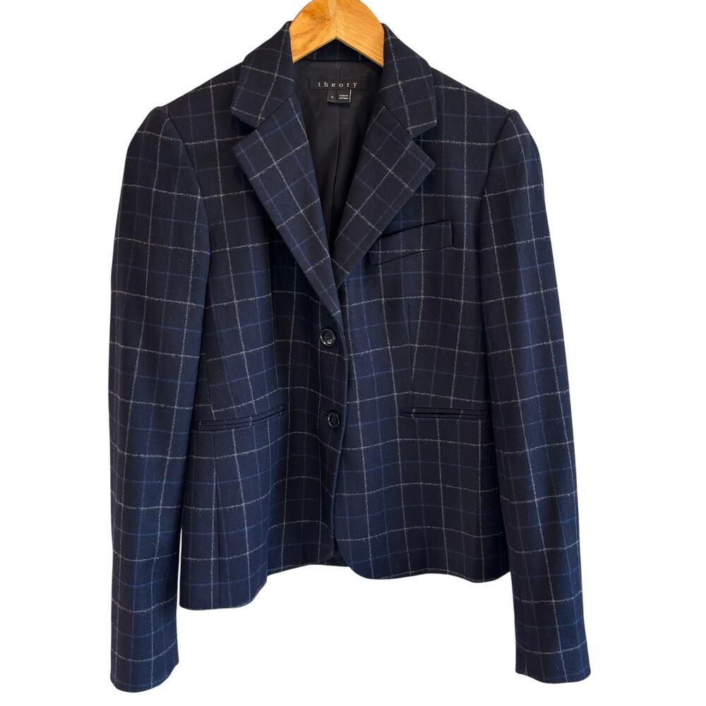 Theory Blue Plaid Wool Blend Blazer - size 0